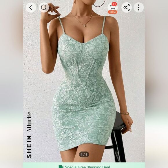 Shein - Dress Embossed Mini Floral Print Bodycon - Size L - Mint - Picture 7 of 7